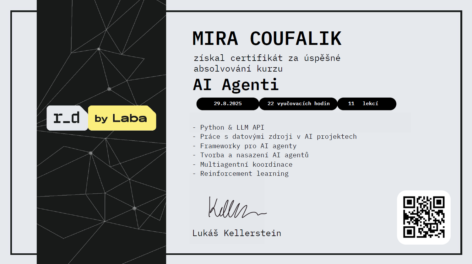 RobotDreams certifikát AI Agenti - dokončený kurz automatizace s umělou inteligencí